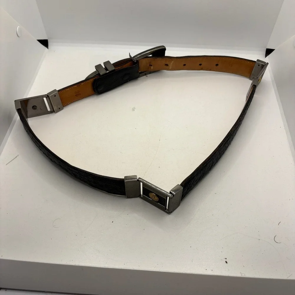 Vintage Lion Head Medusa Greek Key Black Ostrich‎ Leather Belt Size 38 Mens